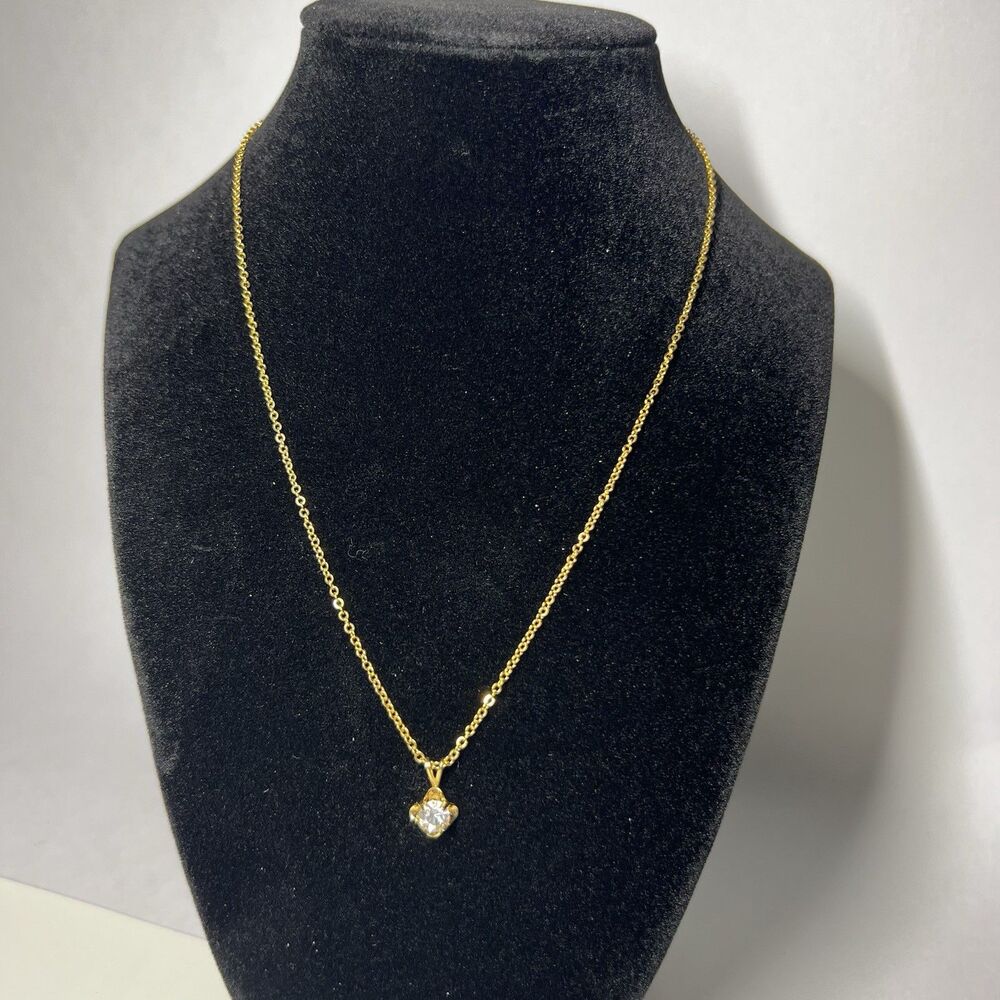 Vintage Gold Tone Solitaire CZ Pendant Necklace Sparkling Clear Rhinestone 17.5"